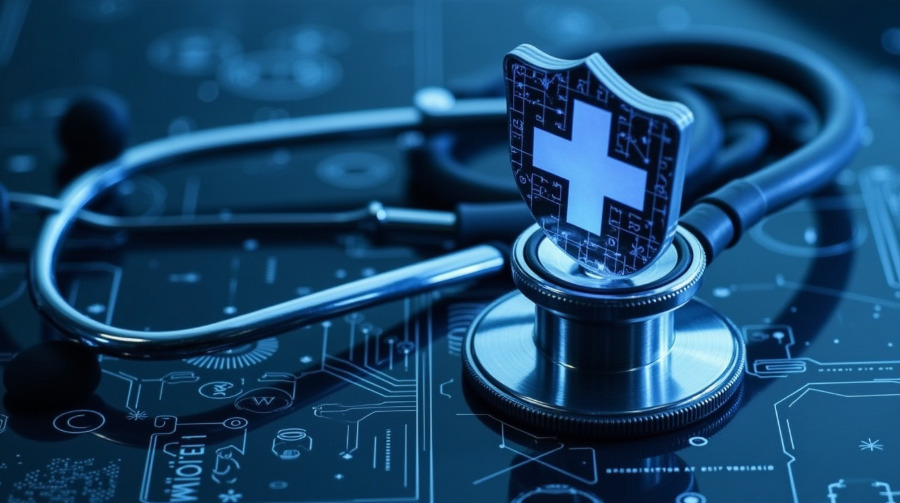Uno stetoscopio su uno sfondo tecnologico azzurro e blu, simbolo della sicurezza in sanità.