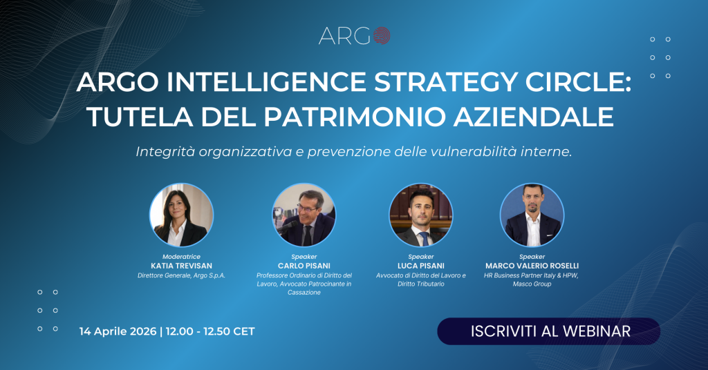 webinar-hr-tutela-patrimonio-aziendale-argo-spa L'immagine della locandina del webinar Argo "Tutela del patrimonio aziendale" con le foto dei relatori e della moderatrice, su sfondo azzurro.