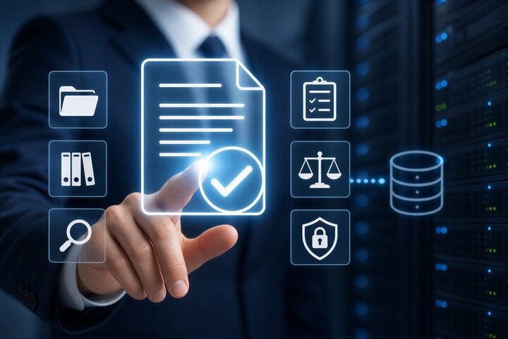 Un'interfaccia digitale con icone luminose azzurre che rappresentano la compliance alla Direttiva CER per la protezione delle entità critiche.